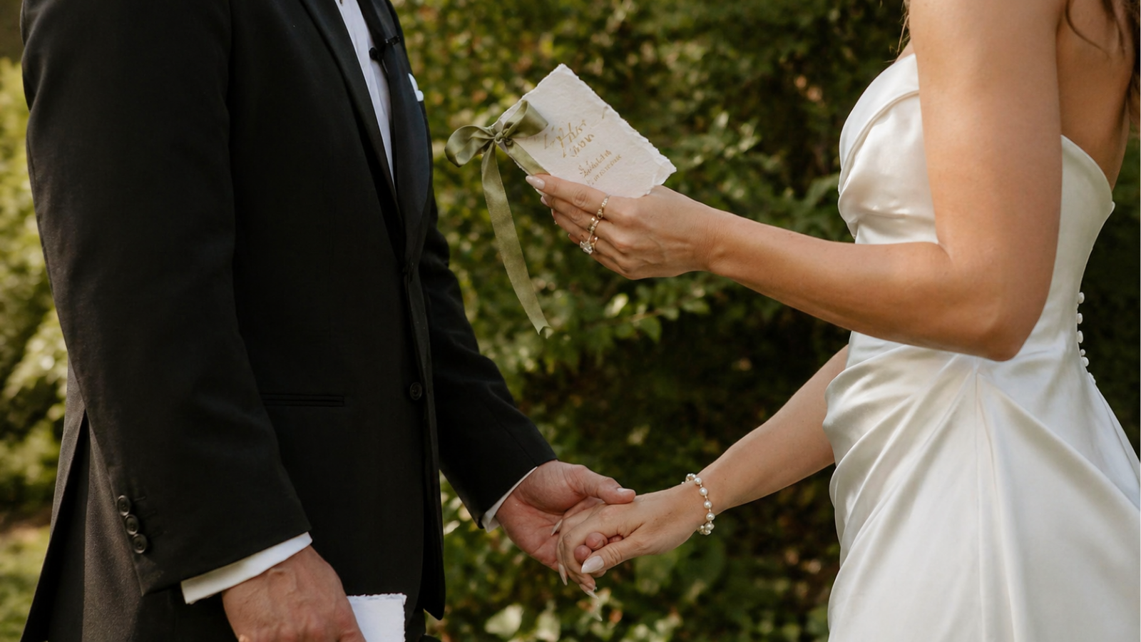 Bride reading vows while holding groom’s hand during outdoor ceremony