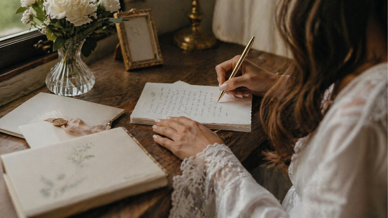 Bride writing wedding vows in a notebook at a wooden desk