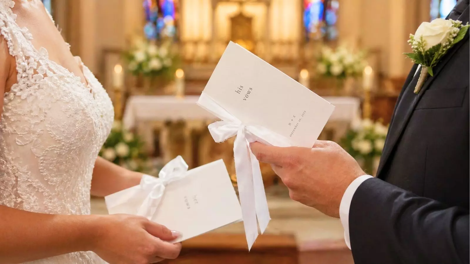 couple exchanging vows catholic wedding ceremony