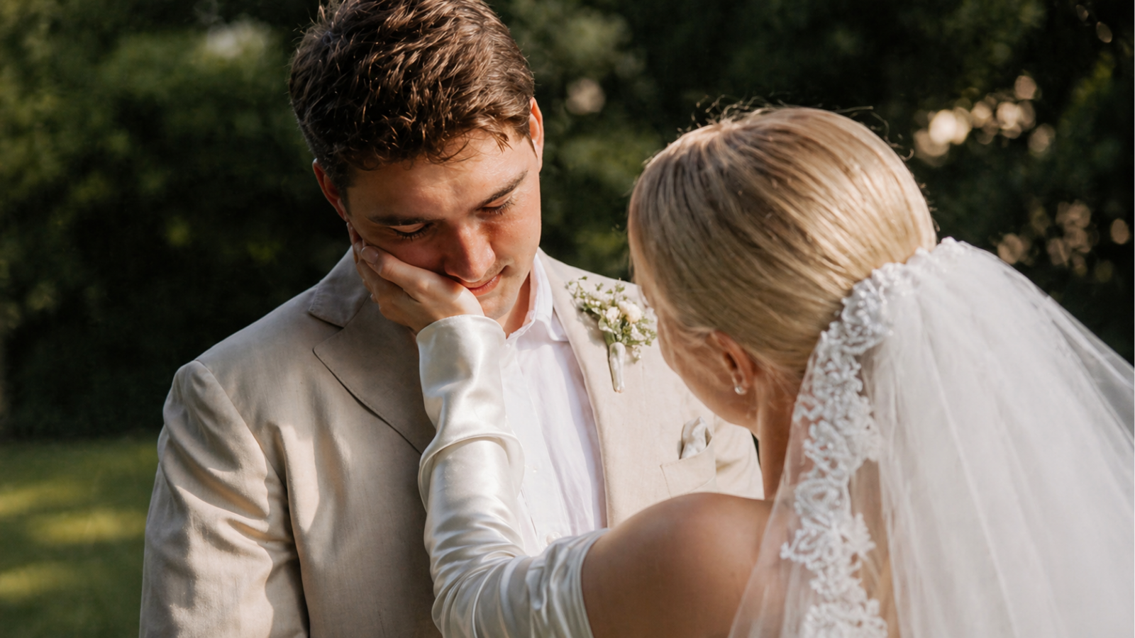 Bride touching groom’s face as he gets emotional during wedding vows