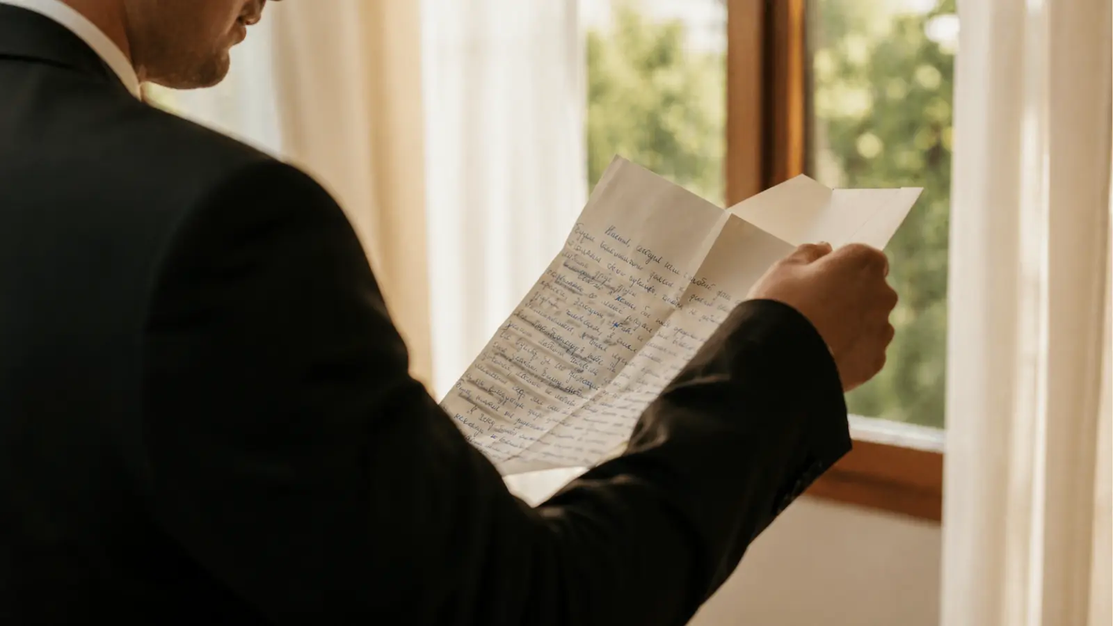 groom reading handwritten wedding vows letter