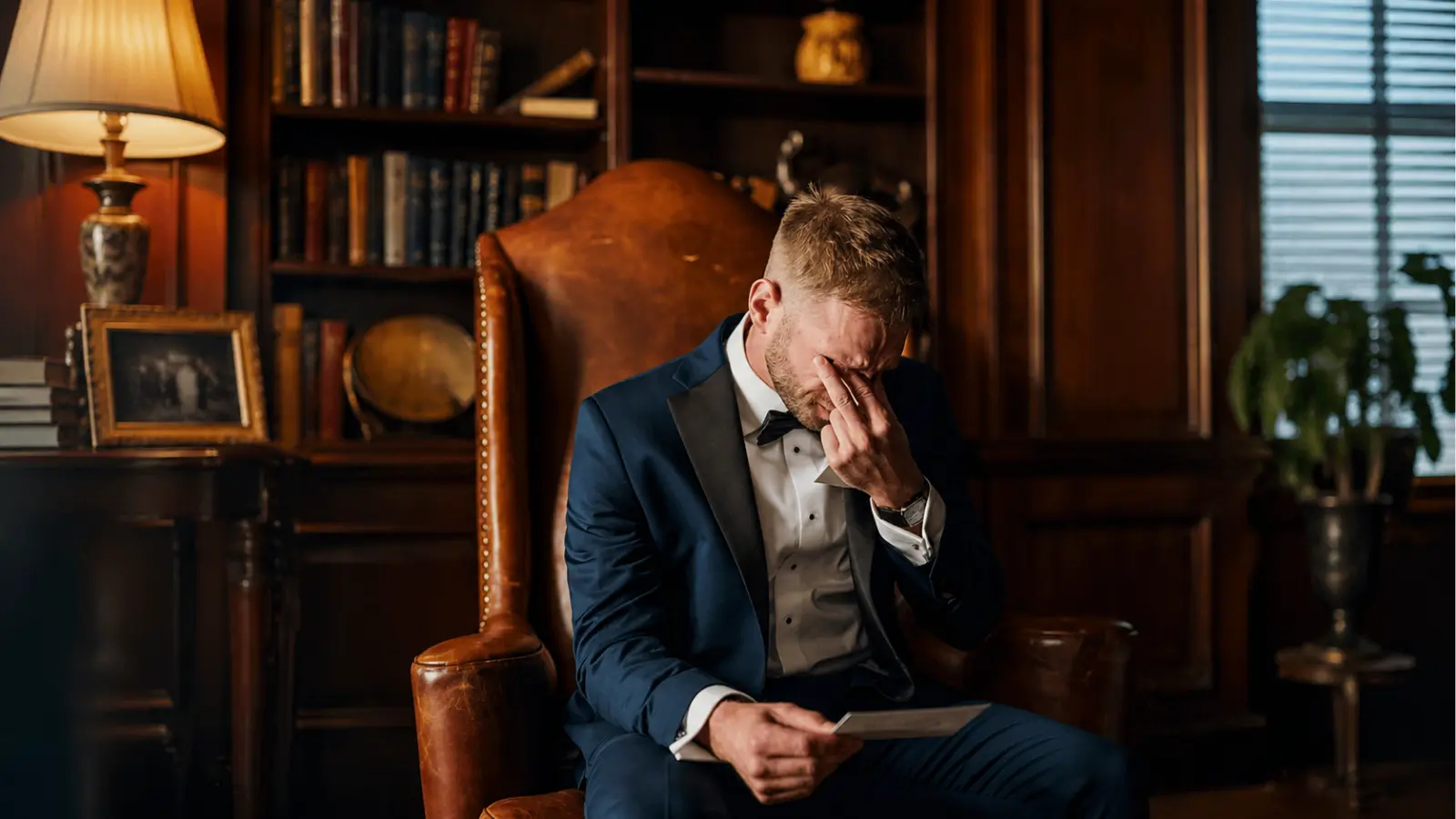 groom crying while reading wedding vows in elegant room