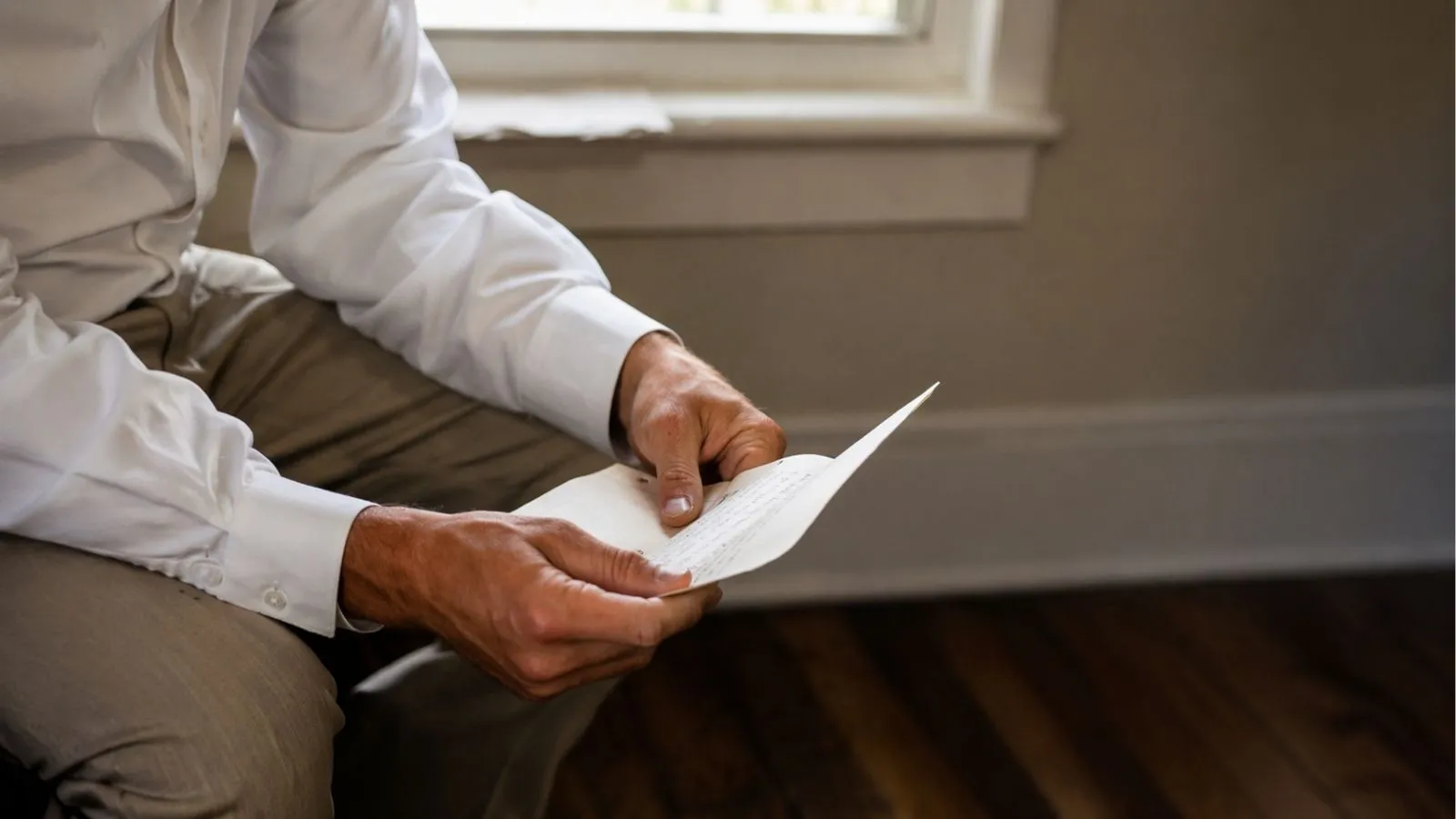 Groom reading handwritten wedding vows letter before ceremony