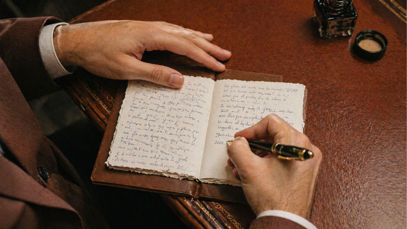 Groom writing wedding vows in a vintage notebook