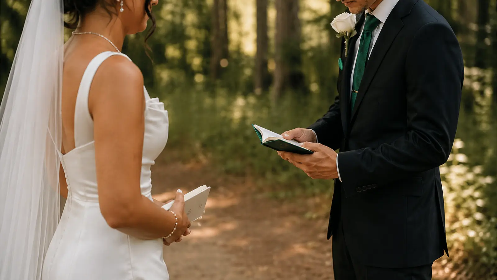 couple exchanging wedding vows forest ceremony