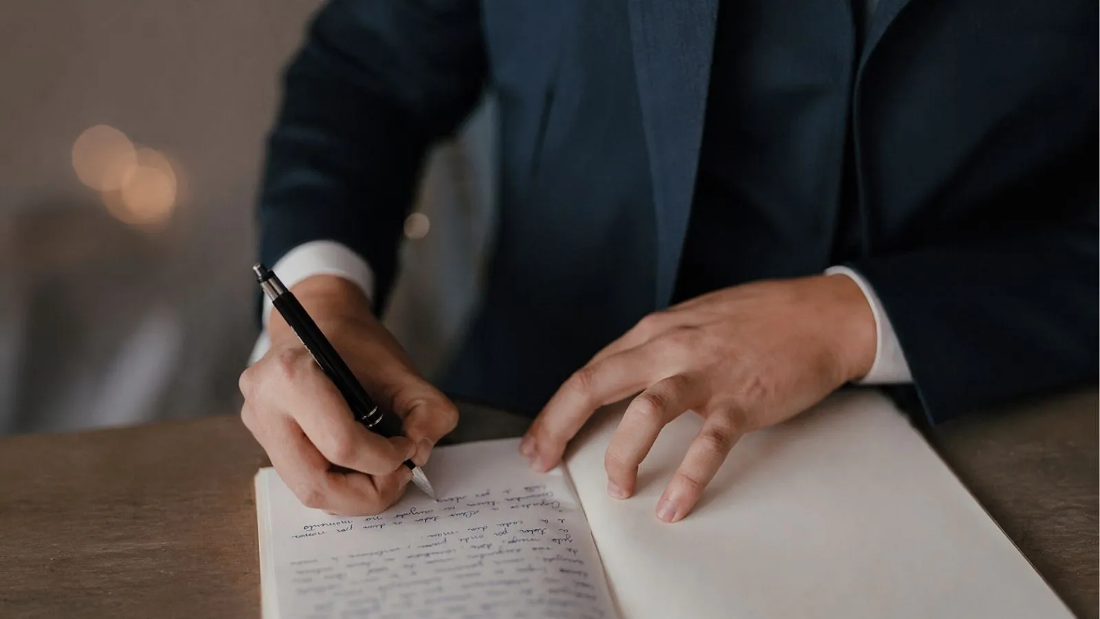 Close-up of person writing wedding vows in a notebook