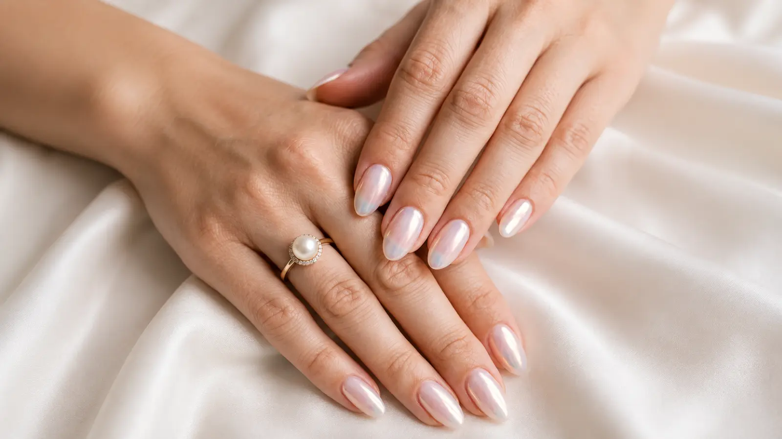 Chrome ombré wedding nails with pearl finish and bridal rings