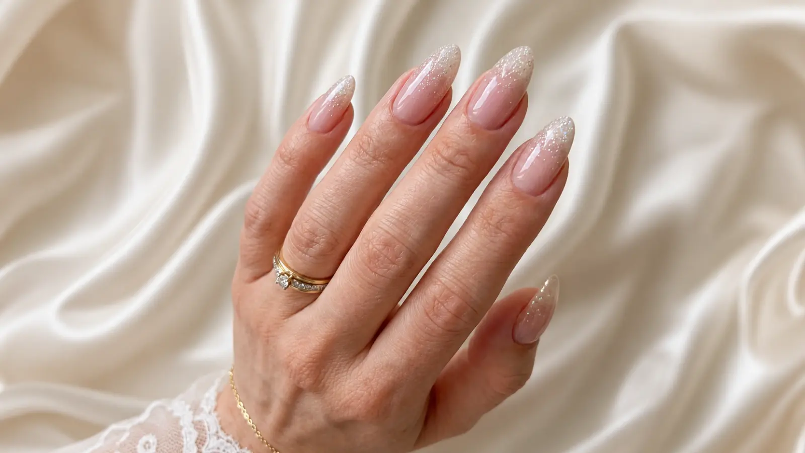Glitter ombré wedding nails with subtle sparkle details photographed against soft ivory satin fabric.