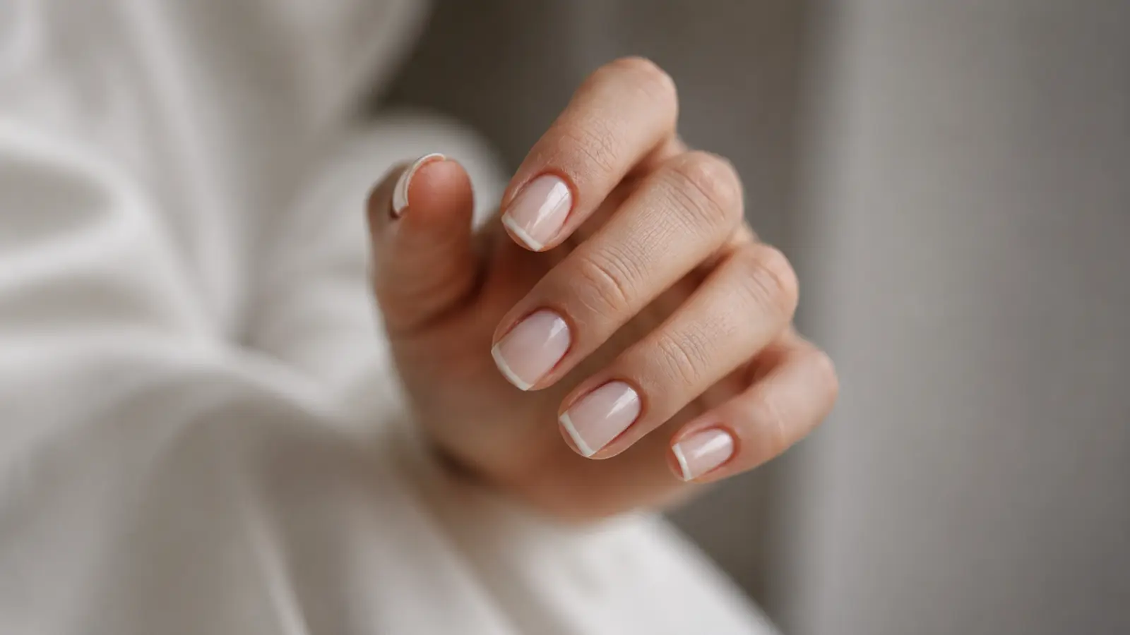 Short French tip wedding nails with soft natural bridal styling