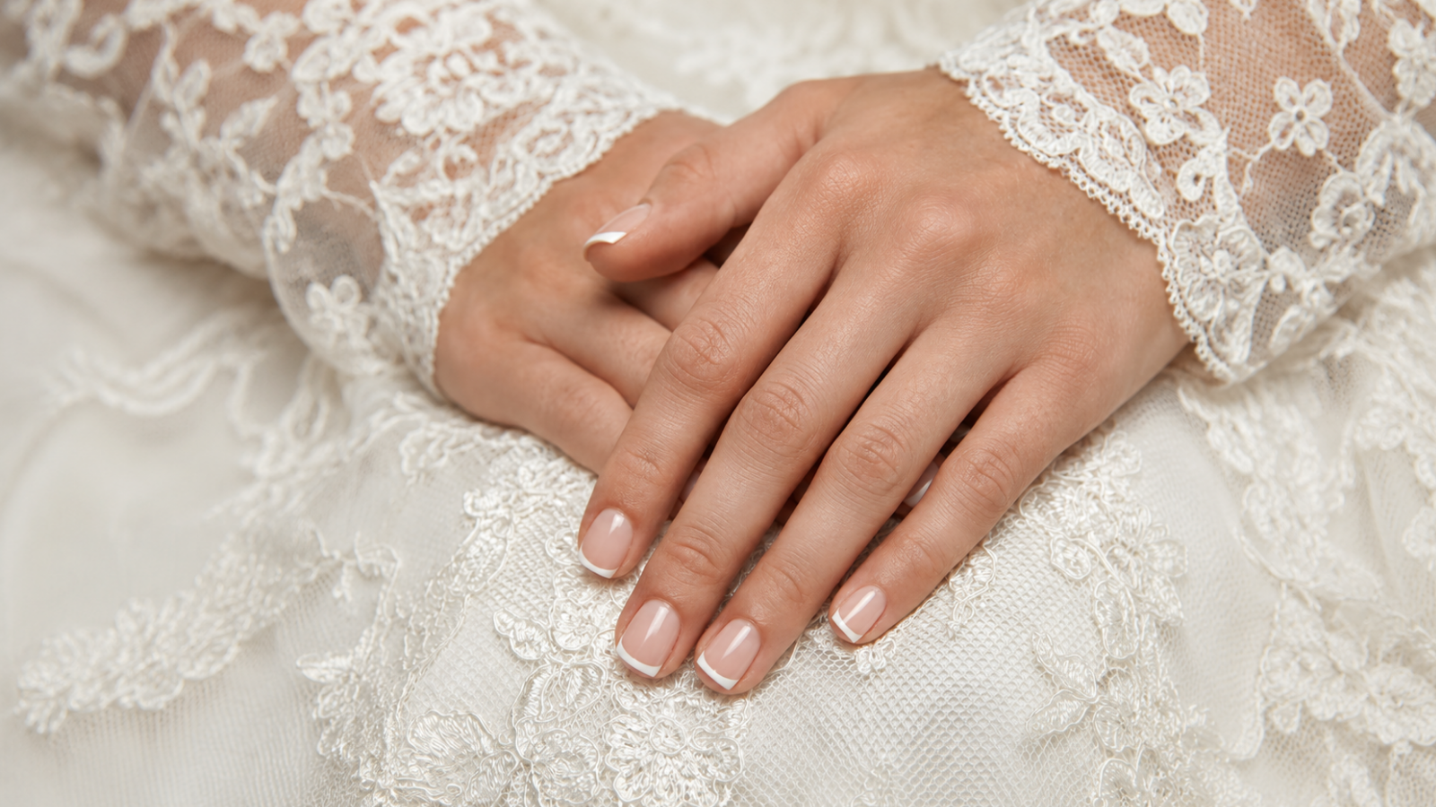 Short French tip wedding nails with embroidered bridal lace
