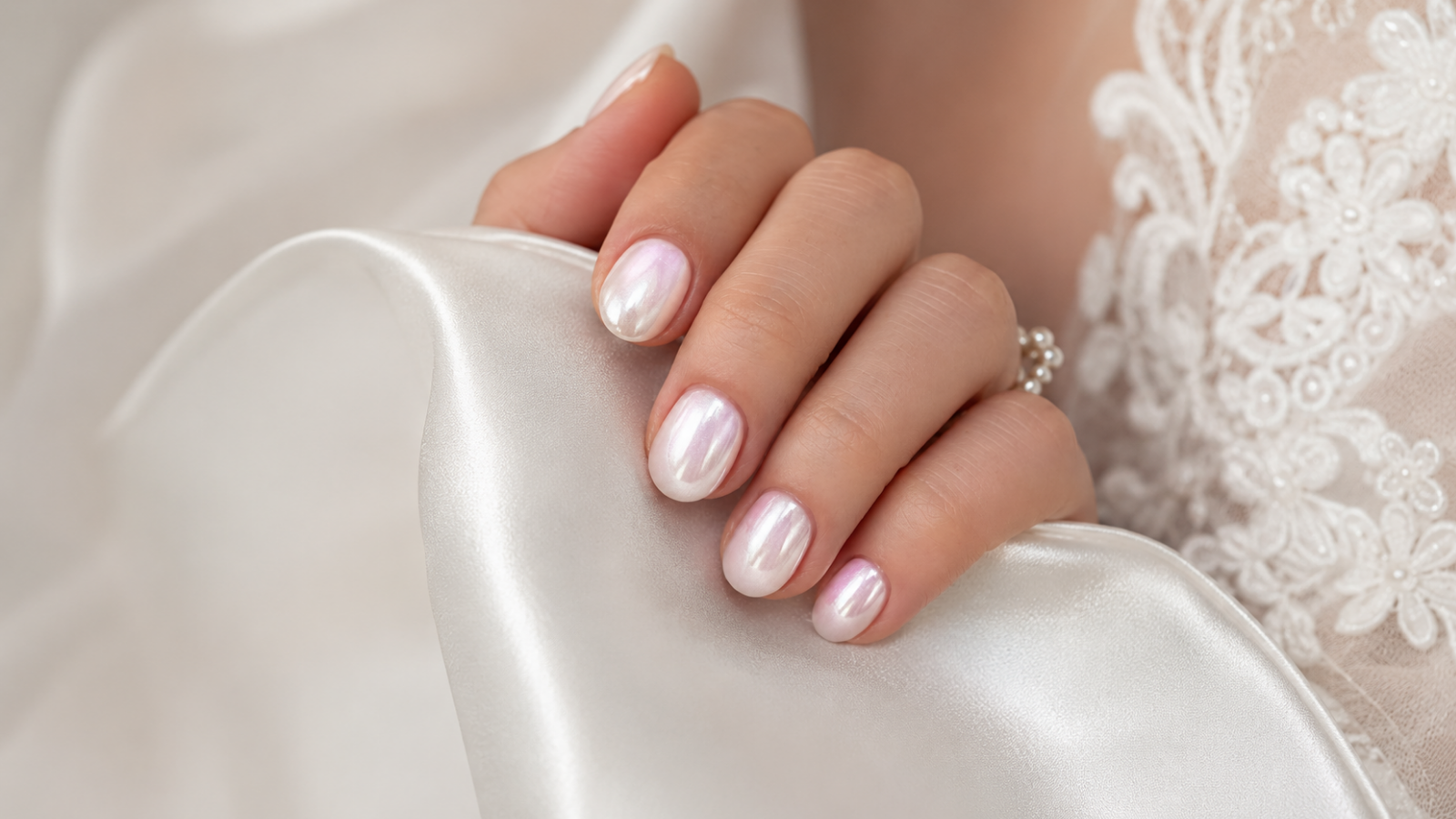 Short pearl chrome wedding nails with satin fabric