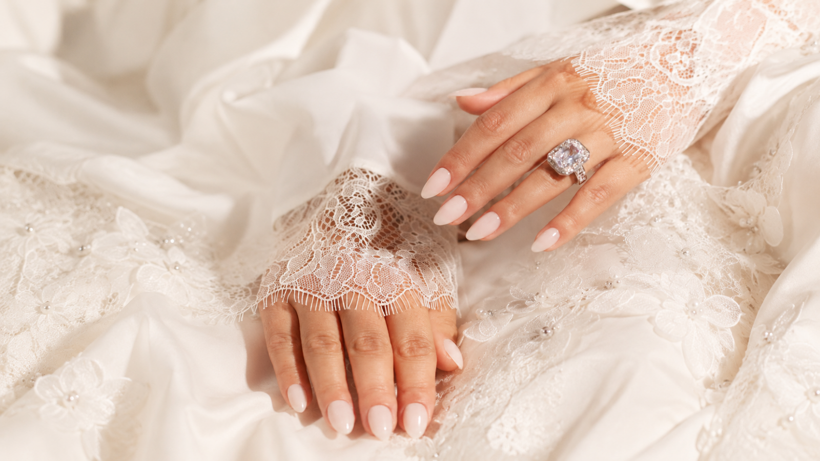 elegant bridal wedding nails soft pink manicure with lace sleeves
