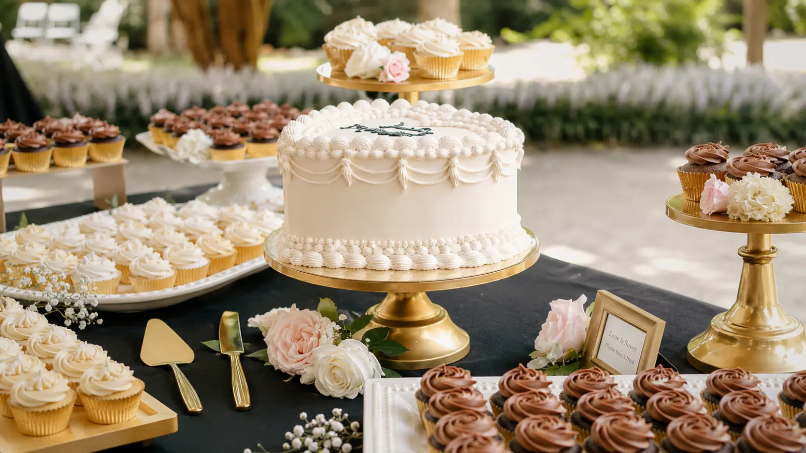 Affordable wedding dessert table with cake and cupcakes