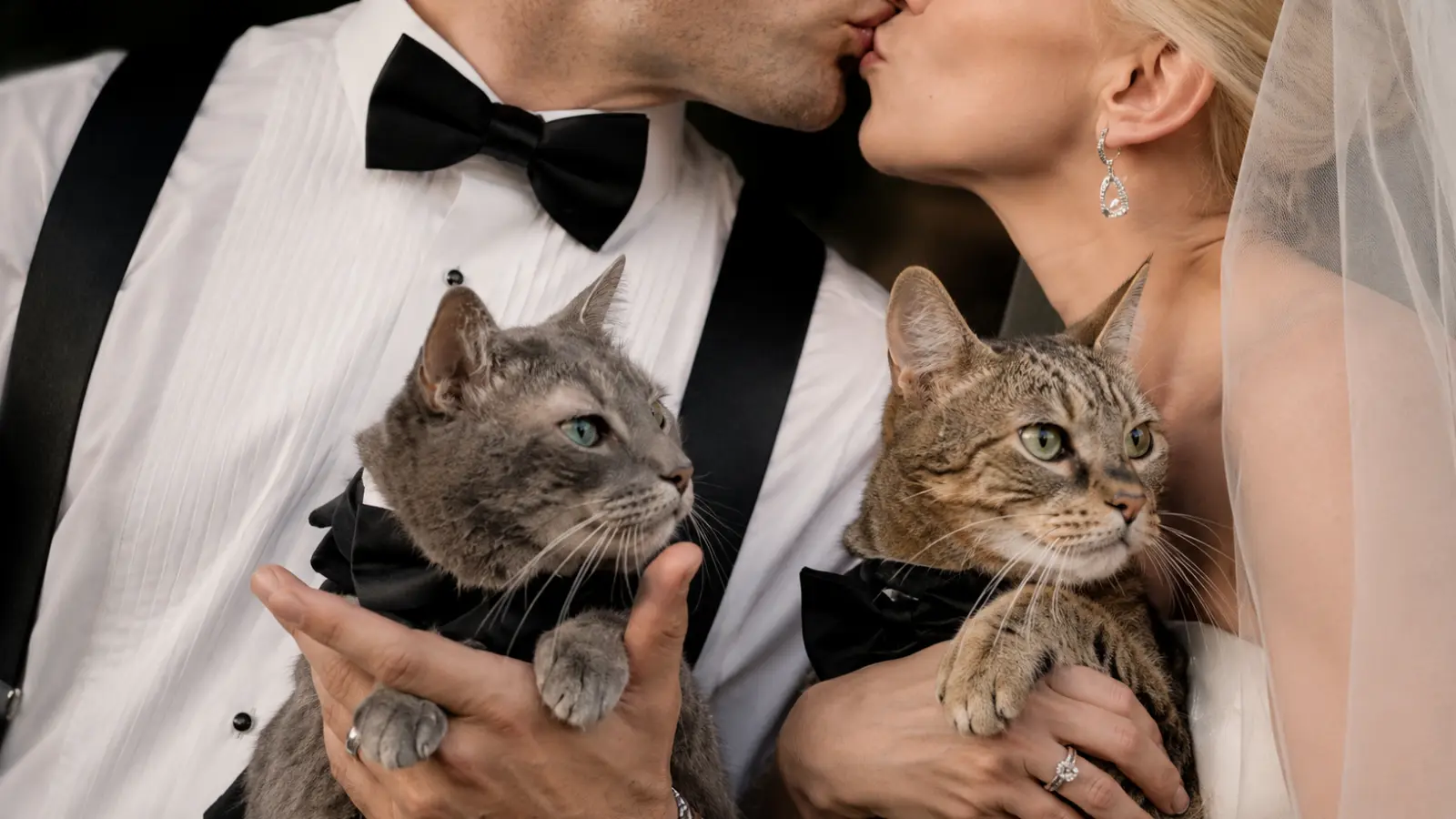 Bride and groom holding their cats while sharing a wedding kiss