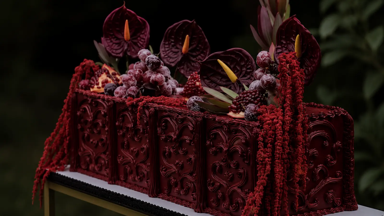 Burgundy fall wedding cake with ornate frosting, dark floral decorations, berries, and rich seasonal colors for a dramatic autumn wedding style.