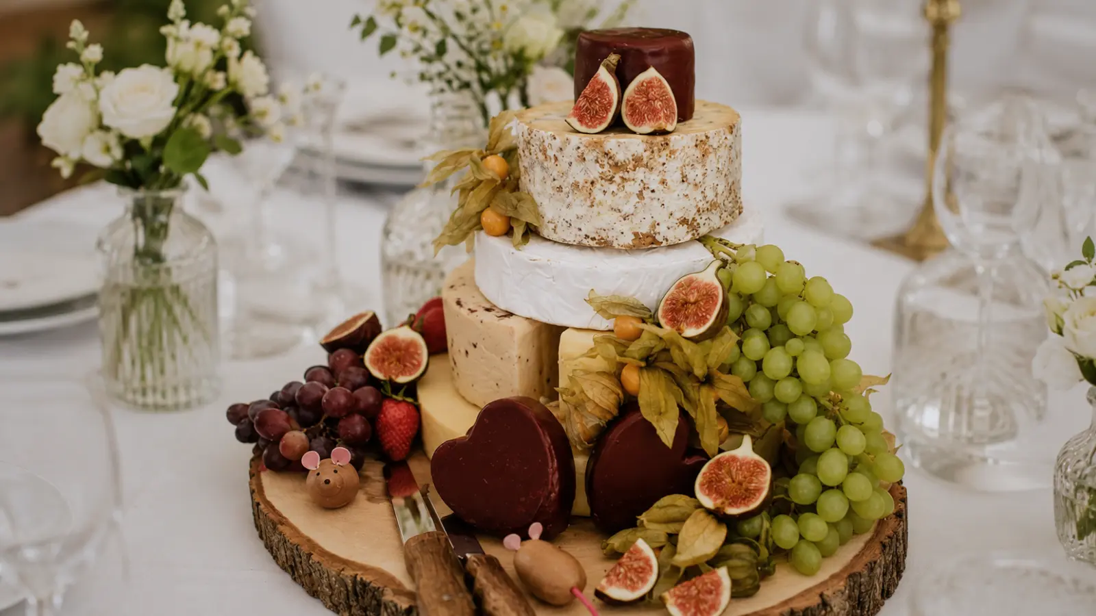 Cheese wheel wedding cake alternative with fruit