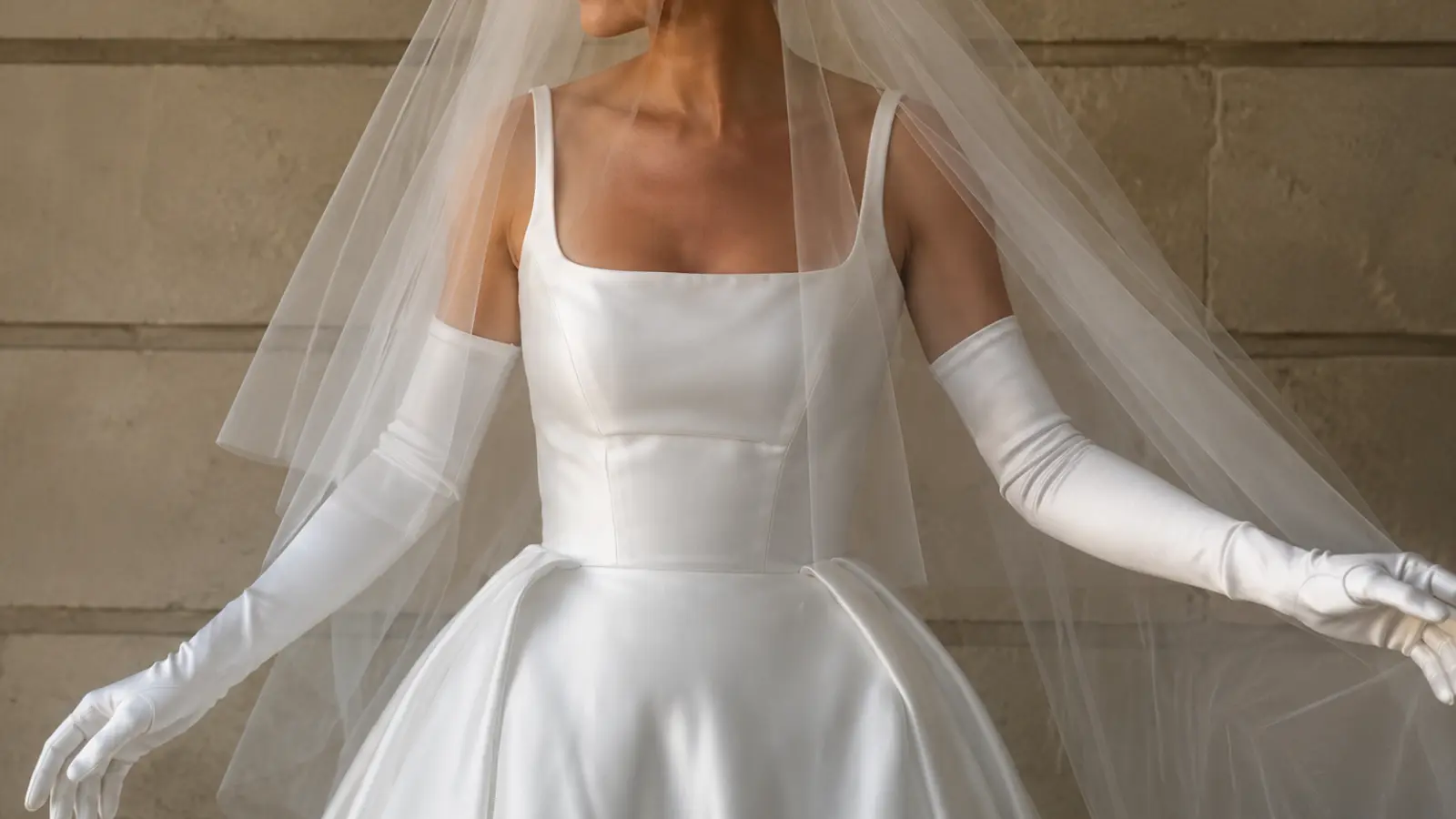 Bride styled with long opera wedding gloves, veil, and elegant wedding dress for a classic bridal fashion inspiration