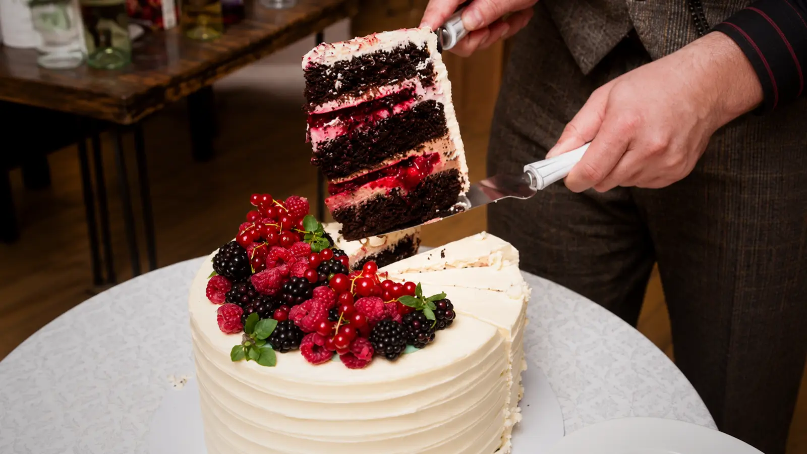 Wedding cake flavor slice with berry filling