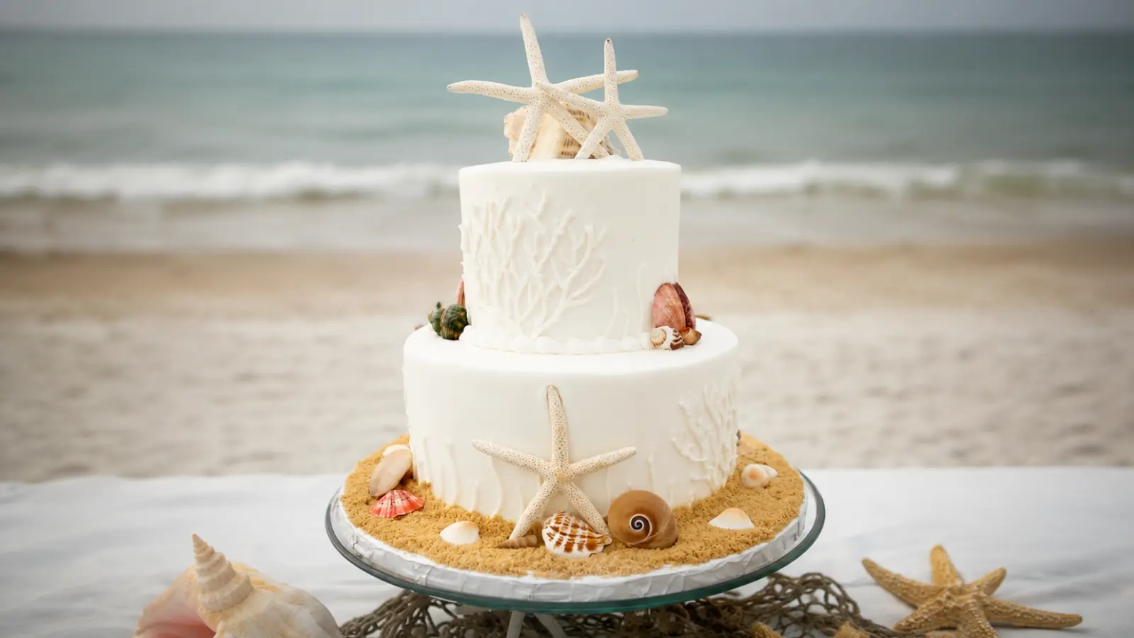 White coastal beach wedding cake with starfish toppers, seashell decorations, coral textures, and sandy beach details overlooking the ocean.