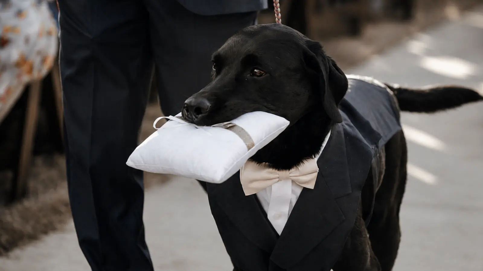 Black Labrador wearing a tuxedo while carrying a wedding ring pillow Pet-Friendly Wedding Venues