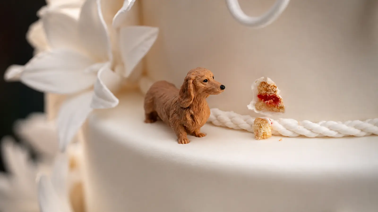 Miniature dachshund figurine displayed on a wedding cake beside a slice of cake as a sweet tribute to a beloved dog