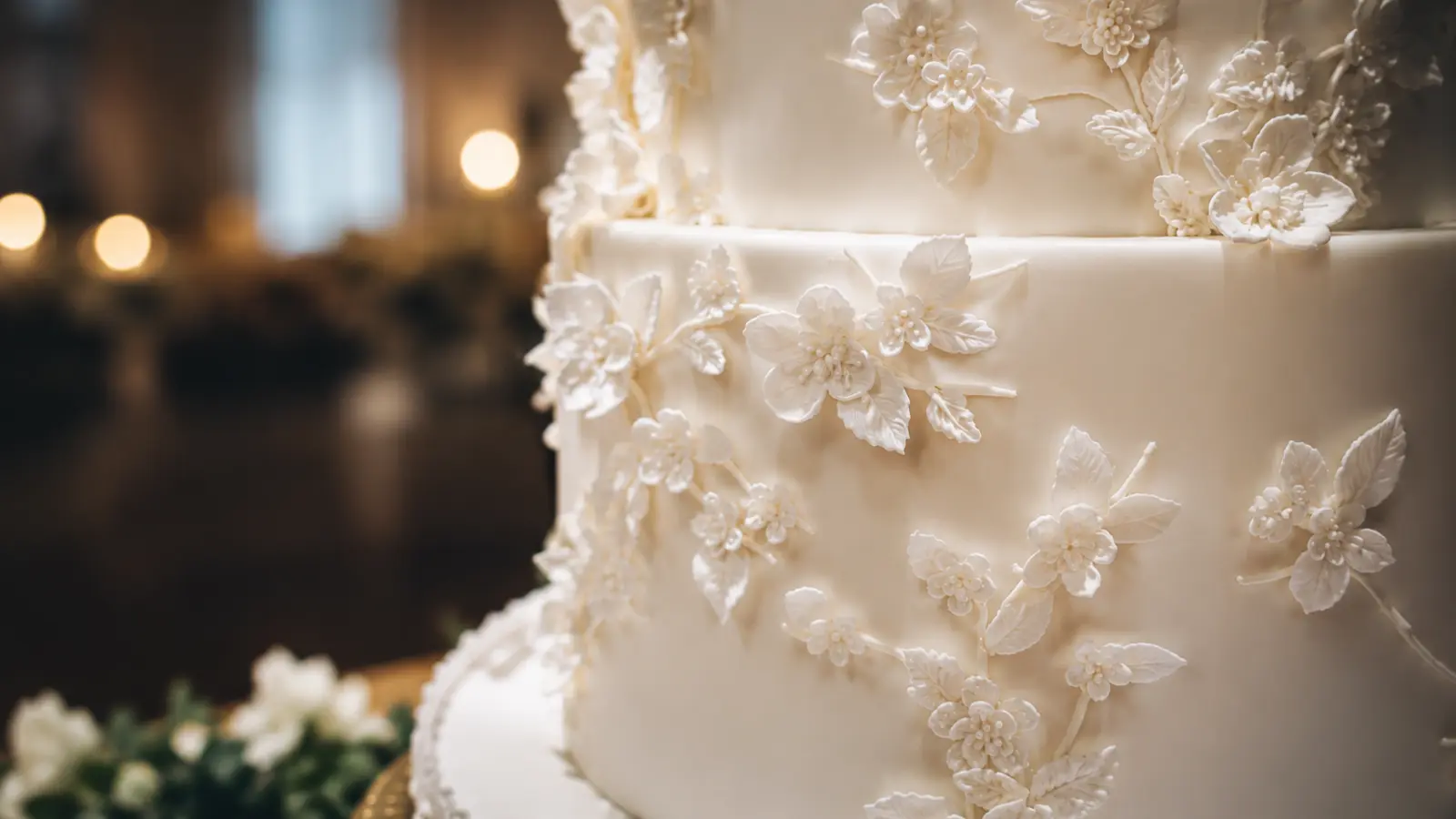 Elegant sugar flower wedding cake with white floral details