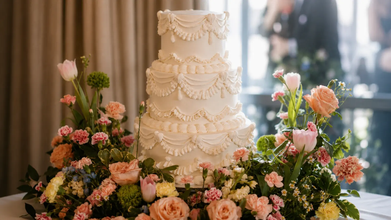 Elegant tiered wedding cake surrounded by romantic floral arrangements
