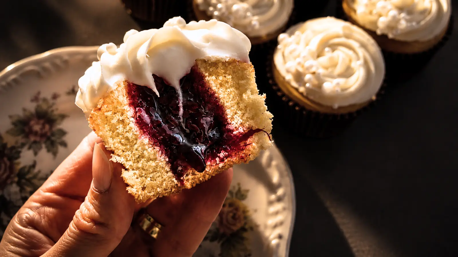 Filled cupcake wedding cake with berry flavor