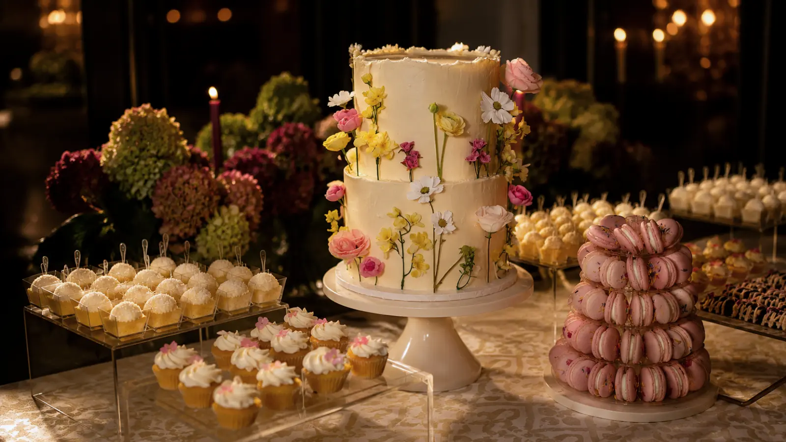 Floral wedding cake table with desserts