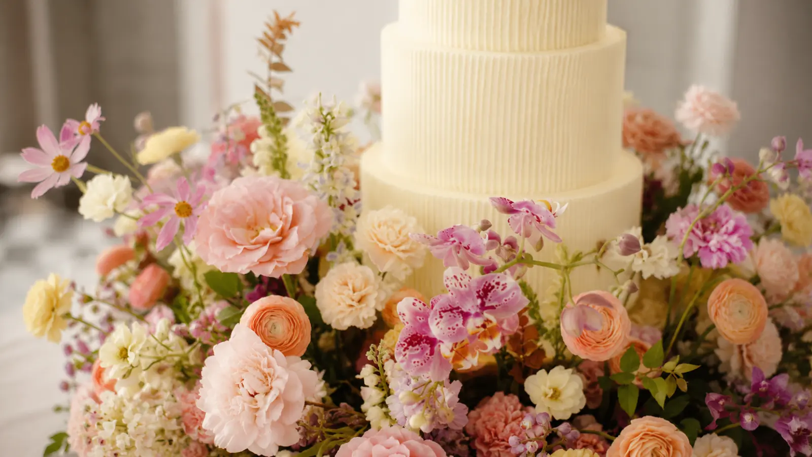 Floral wedding cake display with flowers
