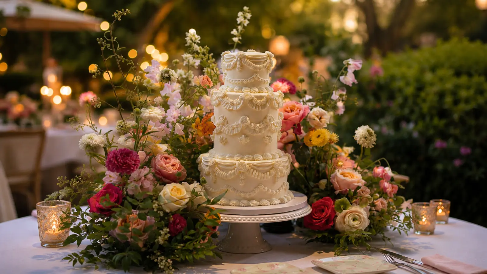 Garden wedding cake table with flowers