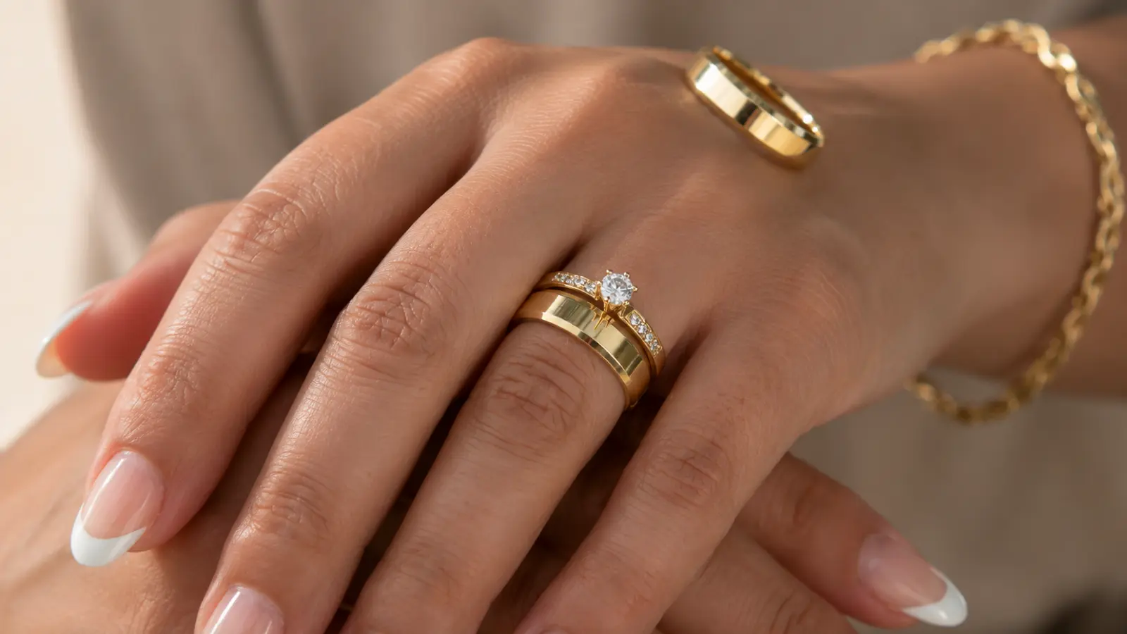 Gold wedding ring set worn on a hand with a diamond engagement ring and matching gold wedding band in a close-up bridal detail photo.