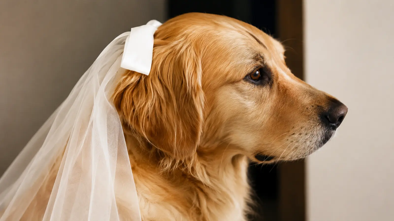 Golden retriever wearing a white bridal veil as a wedding accessory