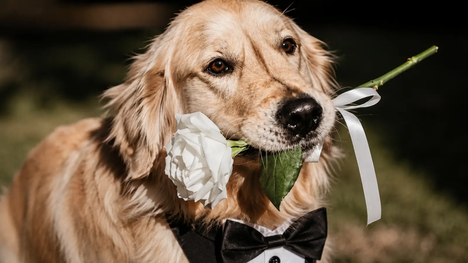 Golden retriever carrying a white flower during a wedding ceremony