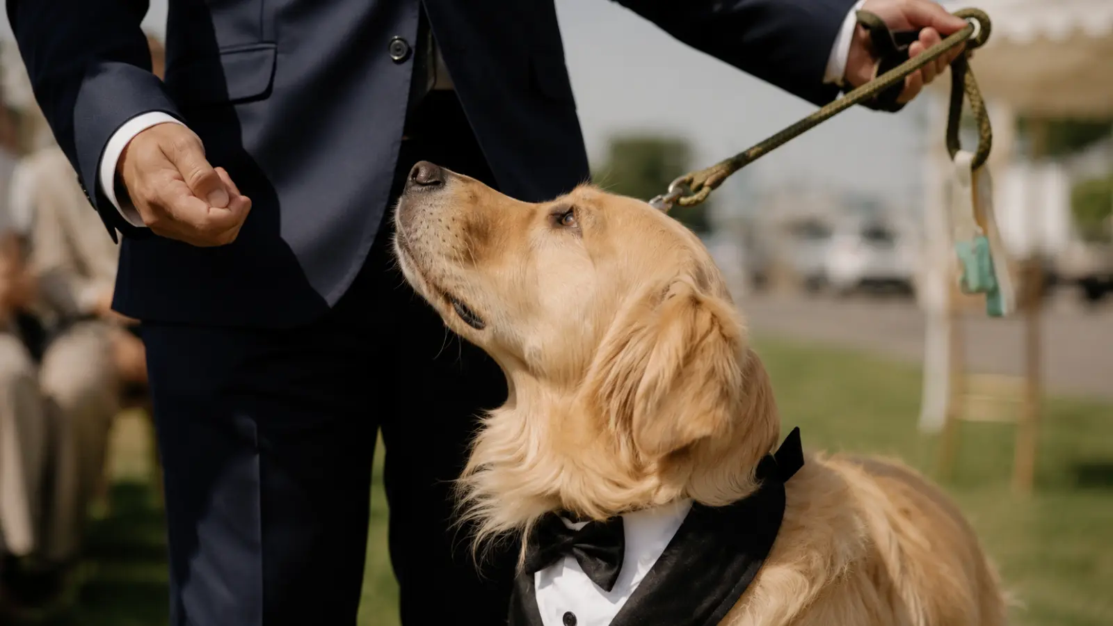Golden retriever dressed in elegant wedding attire while attending the ceremony