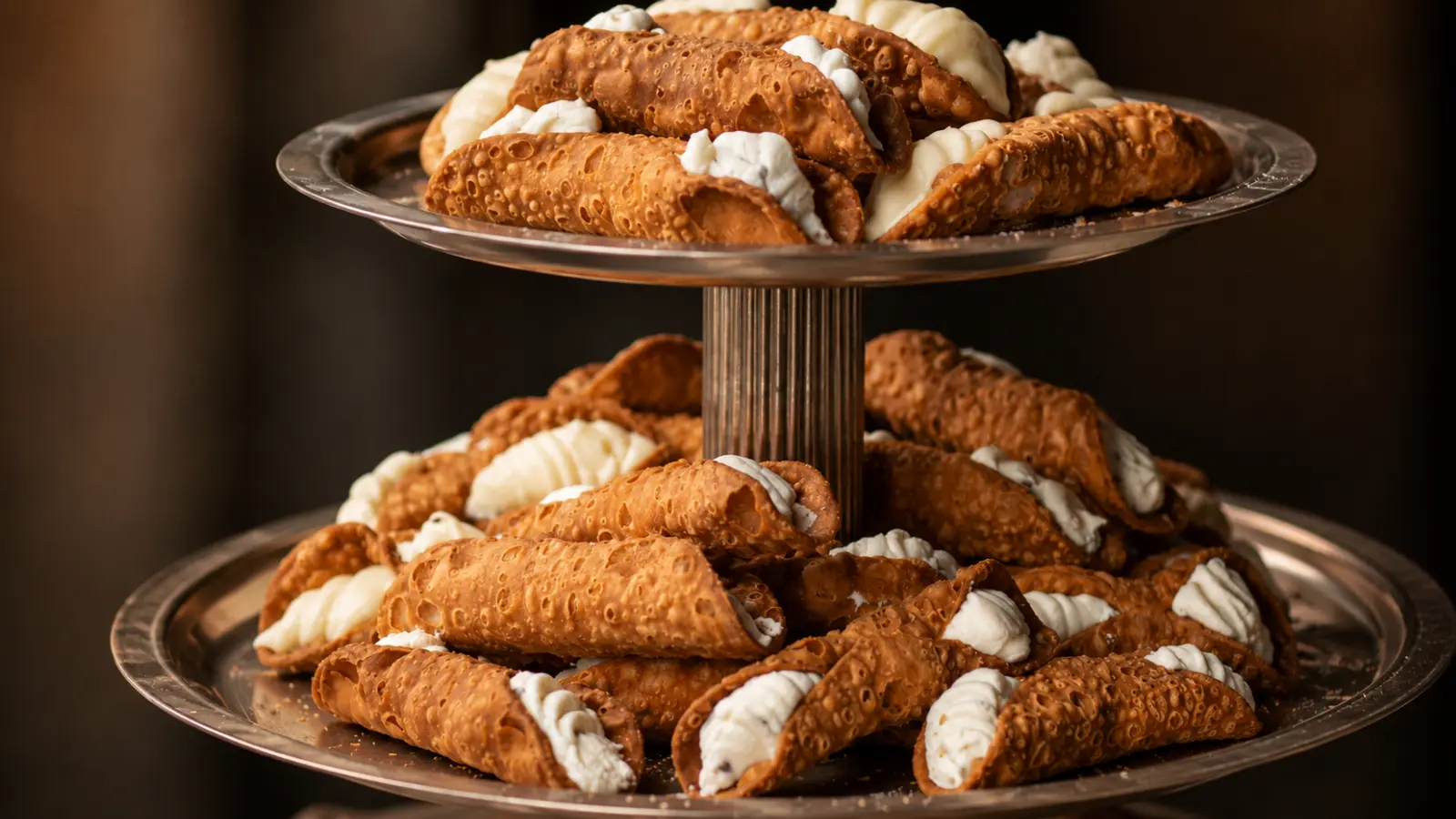 Traditional Italian cannoli wedding dessert display with crispy pastry shells and cream filling arranged on a tiered serving stand for guests.
