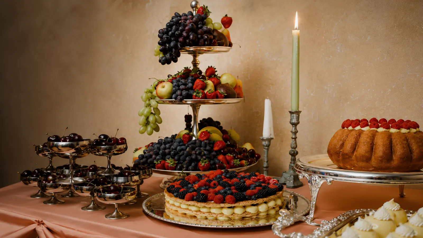 Elegant Italian wedding dessert table with fresh fruit arrangements, berry cakes, candles, and traditional sweets displayed for a wedding reception.