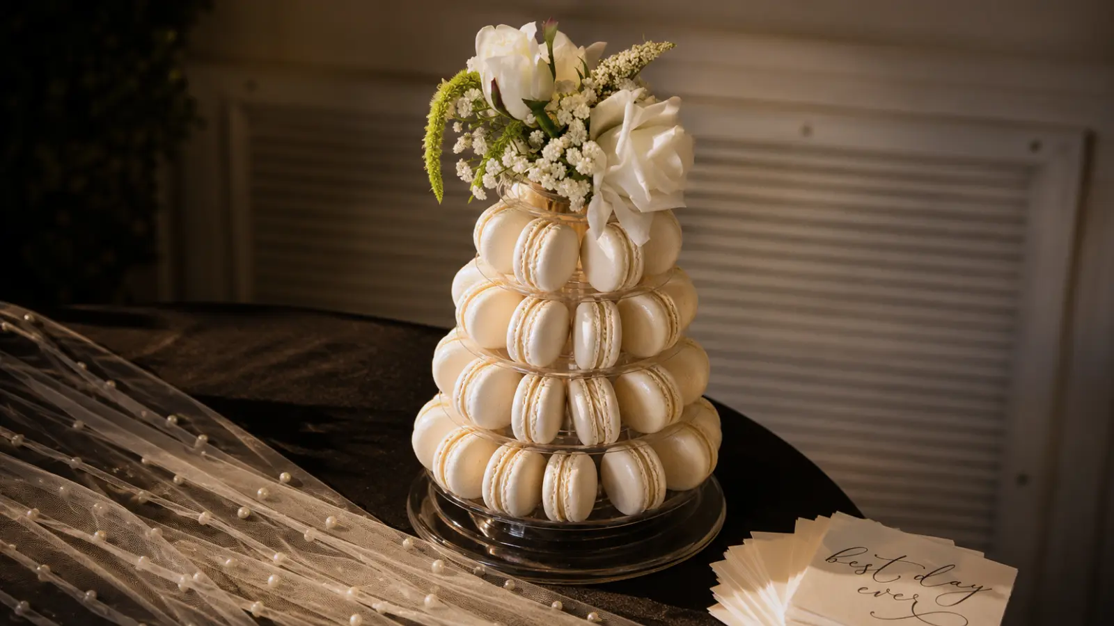 Macaron tower wedding cake alternative with flowers