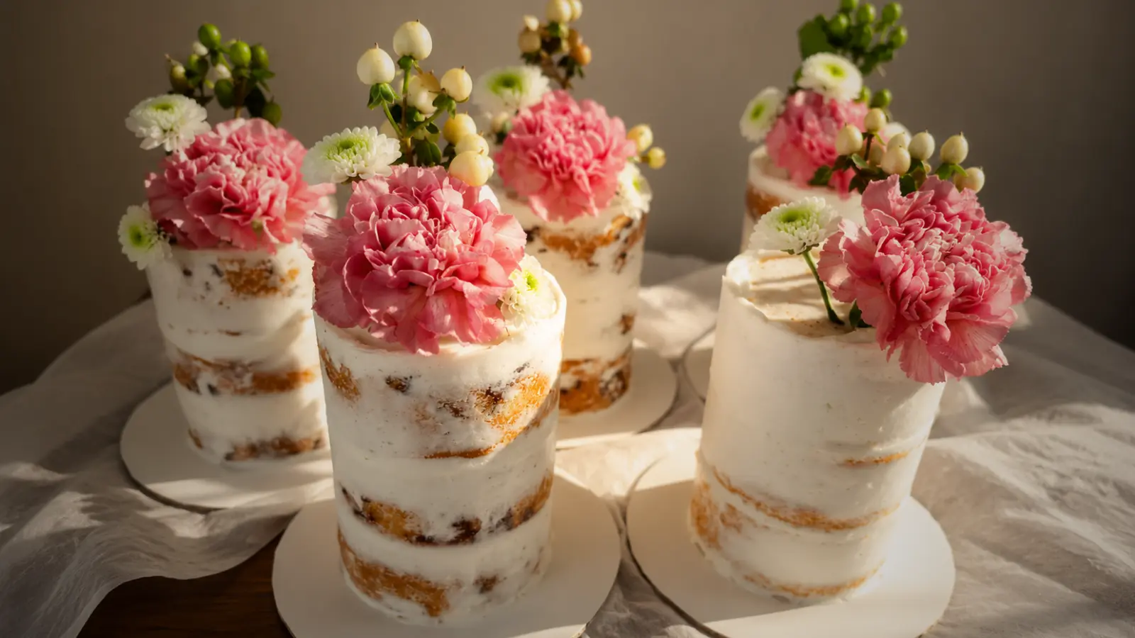 Mini wedding cakes with fresh flower decorations