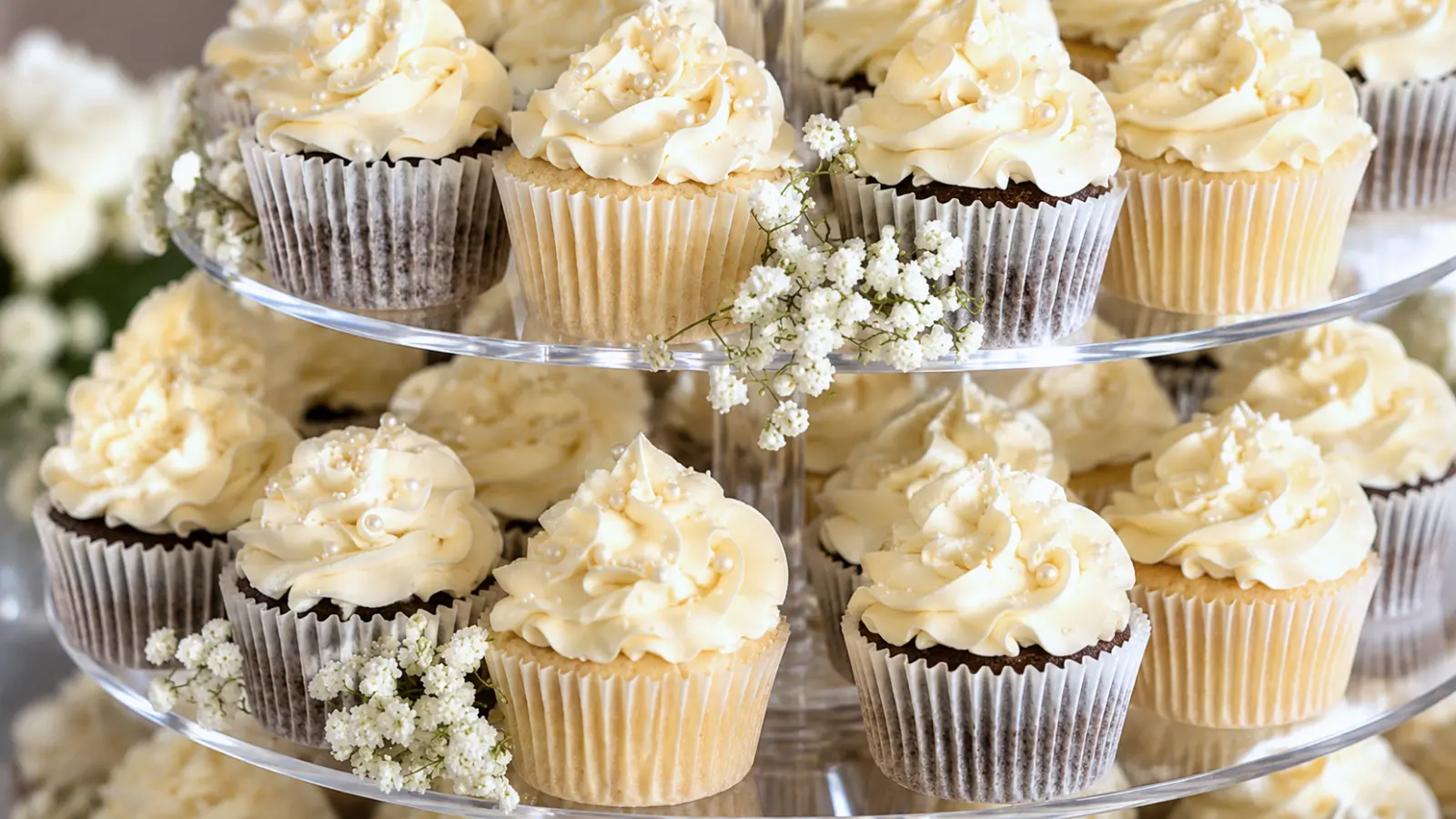 Cupcake wedding cakes display with pearl details