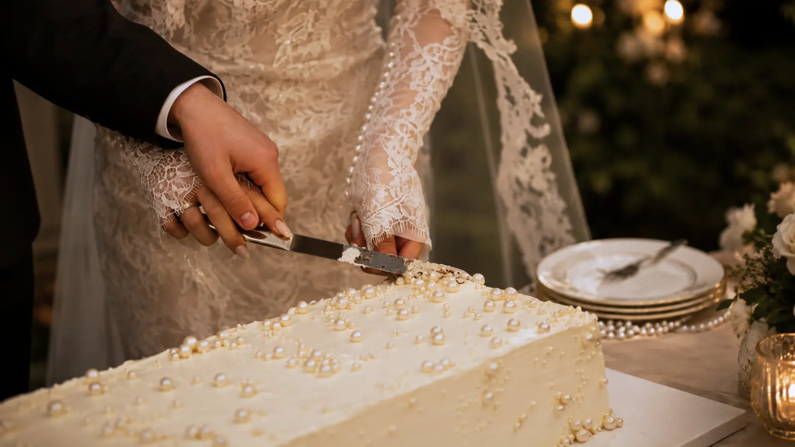 Elegant pearl wedding cake with bride and groom cutting the cake together