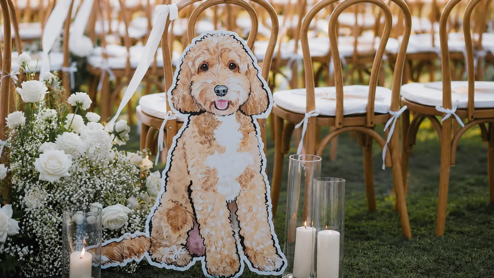 Illustrated pet memorial display beside the wedding ceremony seating