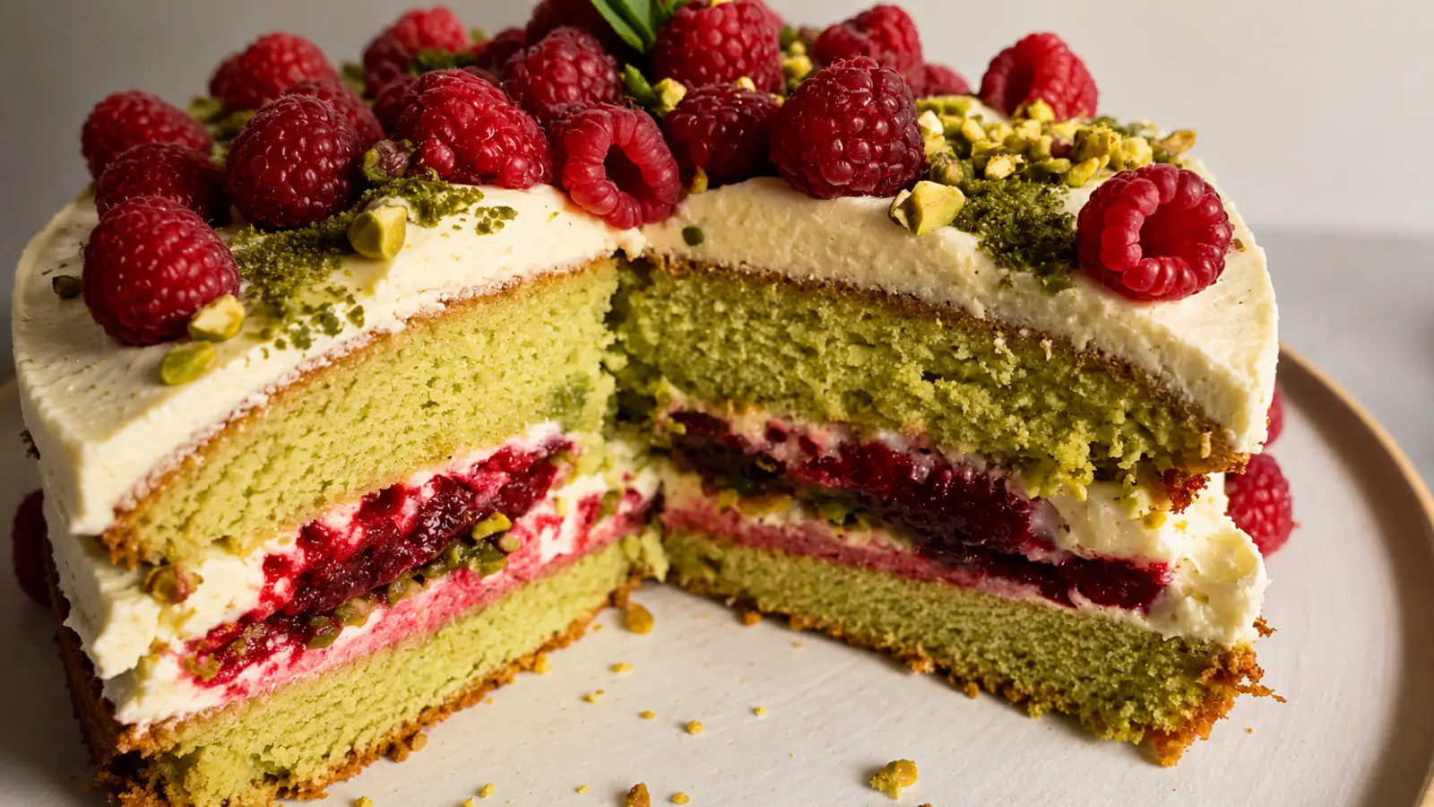 Close-up of an Italian wedding cake with pistachio sponge layers, raspberry filling, cream frosting, and fresh berries decorating the top.