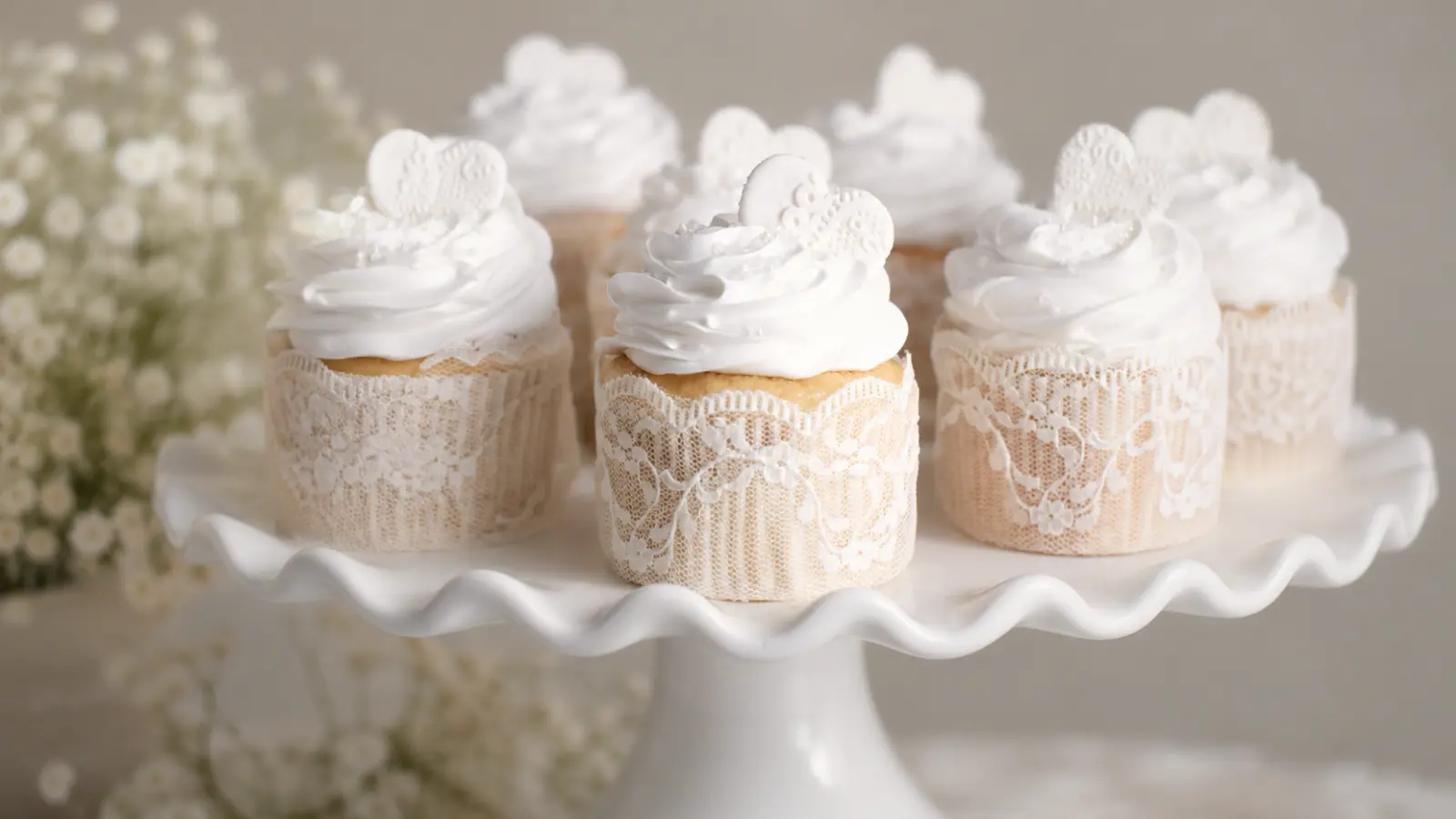 Lace cupcake wedding cake ideas with white frosting