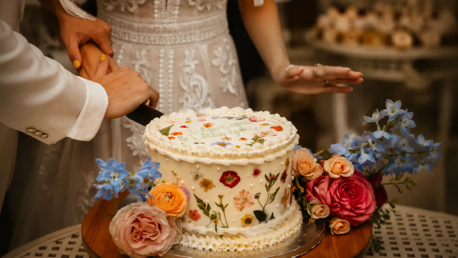 Rustic floral wedding cake with pressed flowers and natural decorations