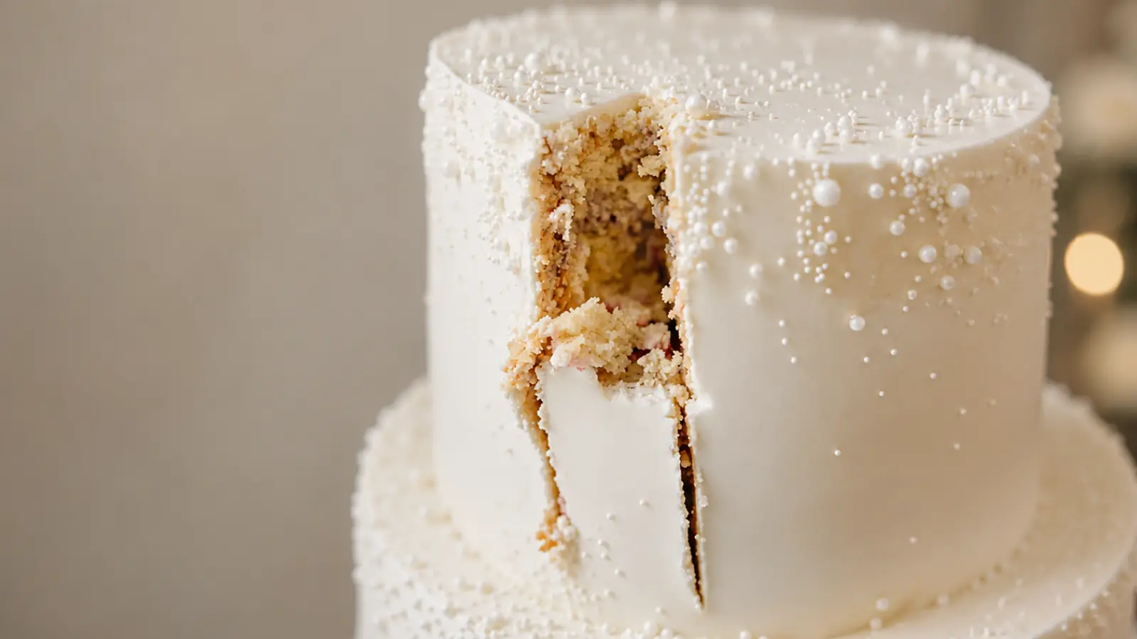 Simple white wedding cake with pearl decorations and elegant minimalist design