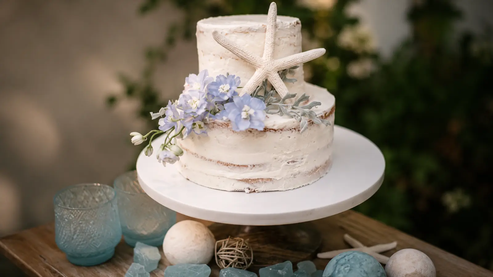 Small beach wedding cake with semi-naked frosting, starfish topper, soft blue flowers, and elegant coastal decorations for an intimate seaside celebration.