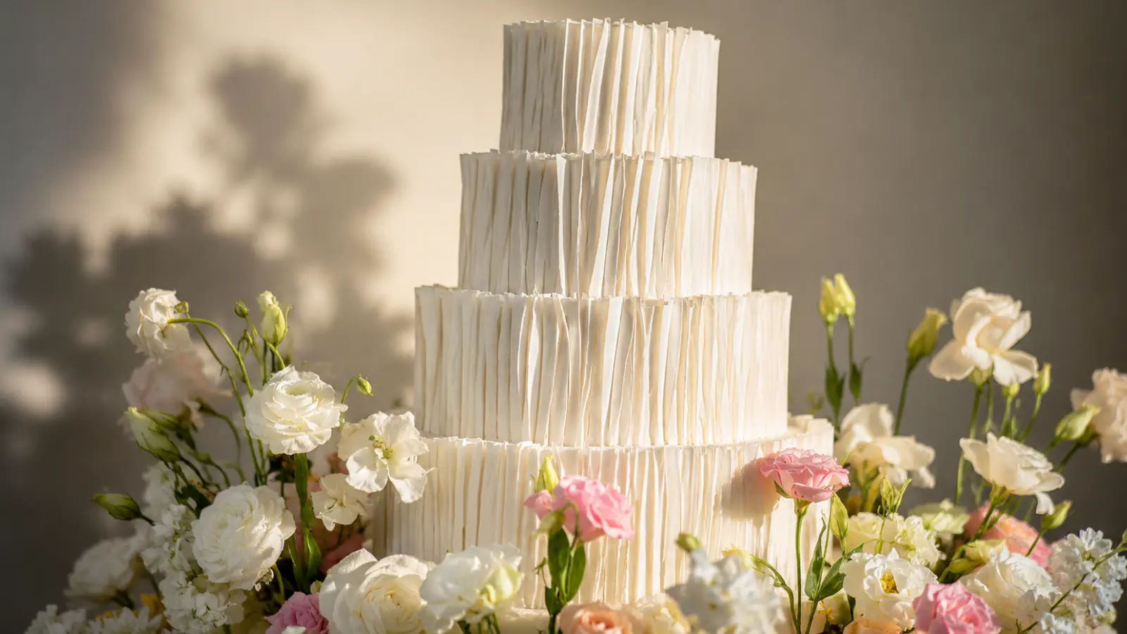 Tall floral wedding cake with fresh flowers and elegant design