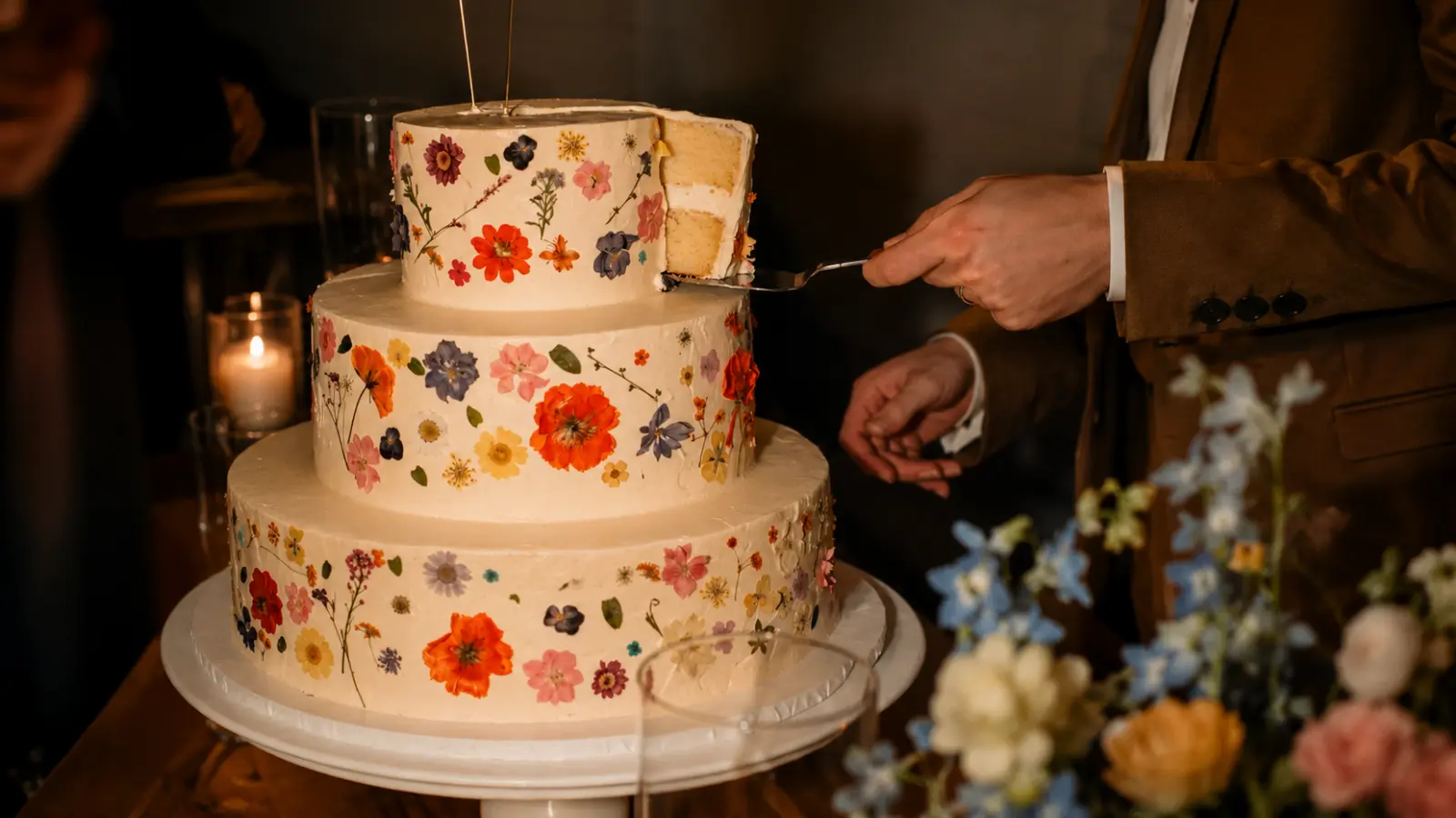 Three tier floral wedding cake being cut