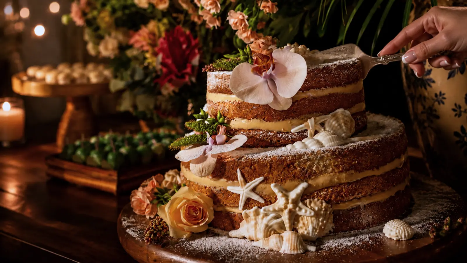 Tropical beach wedding cake being cut with a silver cake server, decorated with orchids, seashells, coconut details, and romantic coastal wedding elements.